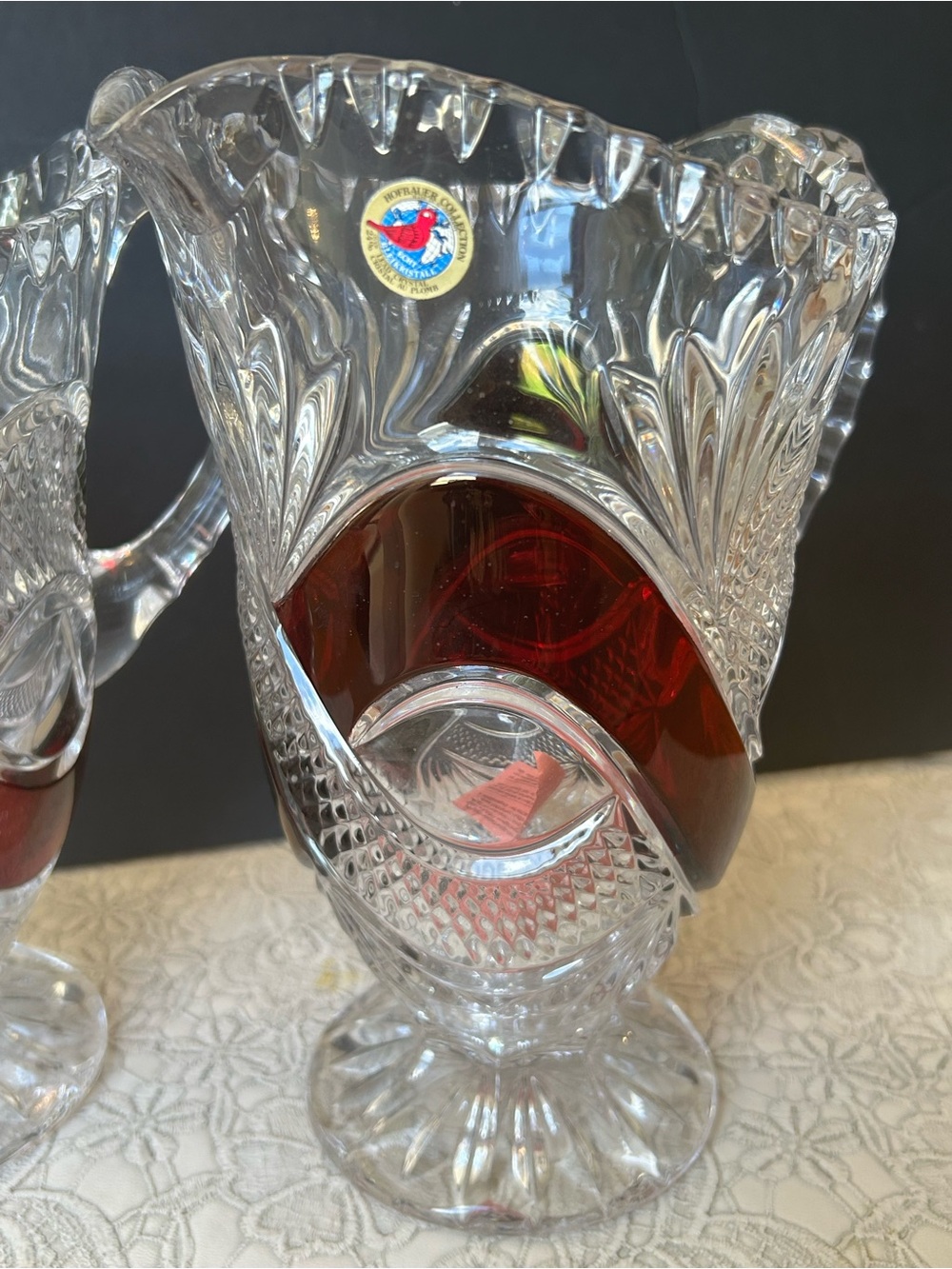 Vintage Brilliant Cut Glass Pitcher with Ruby Swirl